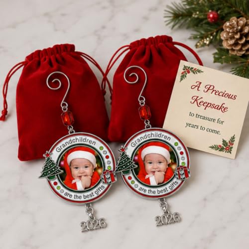 Grandchildren Photo Christmas Ornament Set of 2 with 2026 Charm - Red, White & Green Enamel with Jeweled Accents