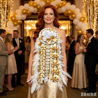 Large White Gold Homecoming Mum with Feathers & Satin Ribbon - Variation: White Gold Hoco