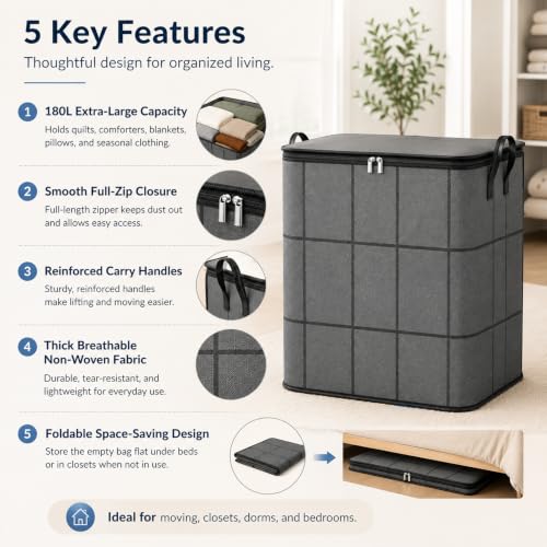 180L Large Capacity Storage Bag with Zipper for Moving & Organization