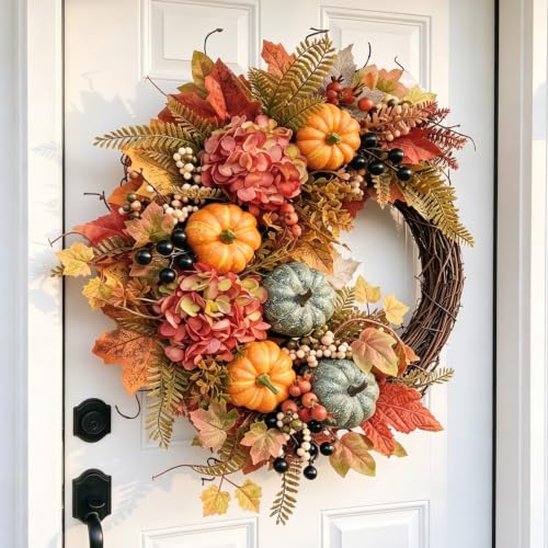 Fall Wreath for Front Door 18-Inch Artificial Pumpkin Hydrangea Autumn Decor - 1 Pcs