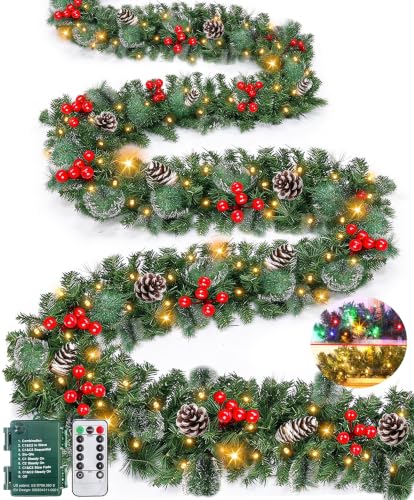 12 Ft Prelit Christmas Garland with Remote Control, 8 Modes & Timer, Warm White & Color Lights