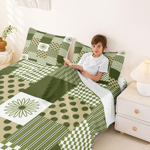 Square Green Kids Bed Sheets Set Full Size Polka Dot Stripe Pattern with Pillowcases