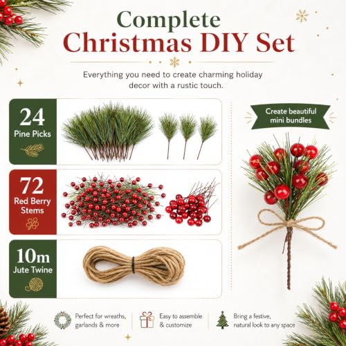 Holly Berry Stems - 96 Artificial Christmas Greenery Picks for Crafts