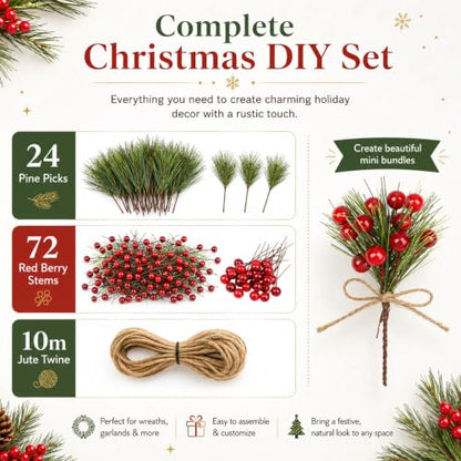 Holly Berry Stems - 96 Artificial Christmas Greenery Picks for Crafts