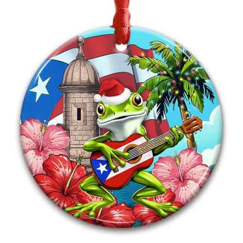 Puerto Rican Christmas Ornament - Funny Coqui Frog with Santa Hat Playing Guitar Holiday Decor, Tropical Tree Decoration, Cute Ethnic Ornament Gift, Puerto Rico Souvenir