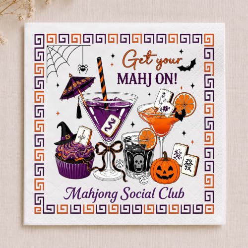 Halloween Mahjong Cocktail Napkins - Spooky Bat & Pumpkin Party Decor