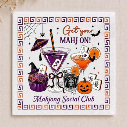 Halloween Mahjong Cocktail Napkins - Spooky Bat & Pumpkin Party Decor