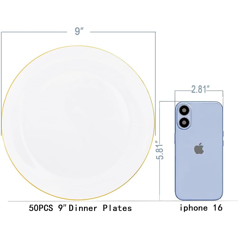 White with Gold Rim 9 Inch Plastic Dinner Plates - 50 Pack, Disposable Party & Wedding Plates