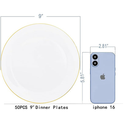 White with Gold Rim 9 Inch Plastic Dinner Plates - 50 Pack, Disposable Party & Wedding Plates