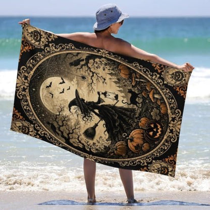 Halloween Witch Moonlight Pumpkin Oversized Beach Towel 51x31 Inch - Soft Quick Dry Bath & Pool Towel - Travel Gym Use