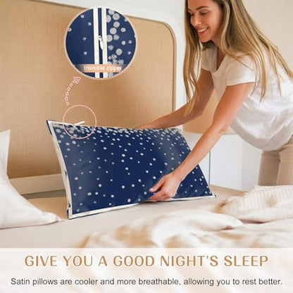 Navy Blue Satin Pillowcases Queen Size 2 Pack with Zipper - Watercolor Polka Dots, 20x30 Inches, Sleep & Hair Care