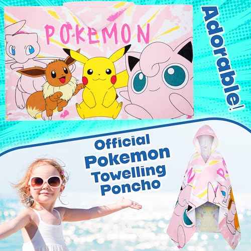 Pokemon Hooded Kids Beach Towel Absorbent Changing Robe Cotton Poncho Bath Towels (Pink, 6-14 Years)