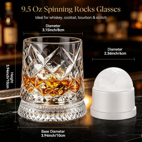 Ice Crackle Pattern Whiskey Glass Set of 4 with LED Light Bases - 9.5 oz, Includes Ice Ball Molds