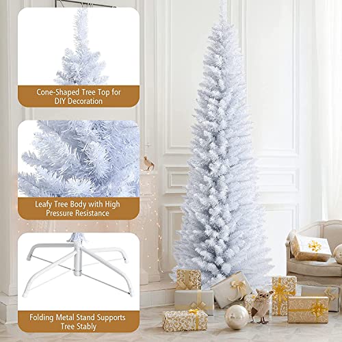 7Ft Slim Artificial Christmas Tree with 436 Tips, White, Hinged Design & Metal Stand