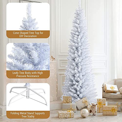 7Ft Slim Artificial Christmas Tree with 436 Tips, White, Hinged Design & Metal Stand