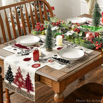 12x18 Inch Christmas Placemats Set of 6 - Red & Beige Holiday Table Decor