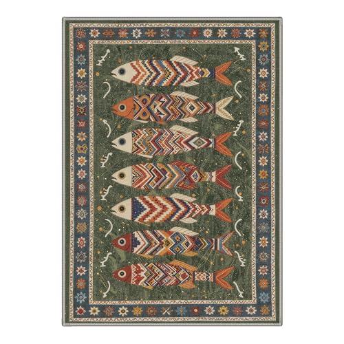 Fish Pattern Washable Area Rug - Non-Slip Boho Style Indoor Mat