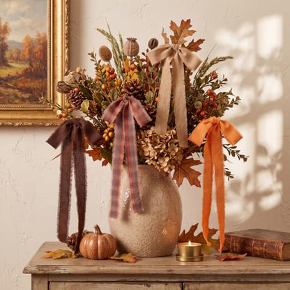 Thanksgiving Wreath Bows 24 Pack Fall Fabric Bows for Holiday Decorations - Brown & Orange, Classic Style