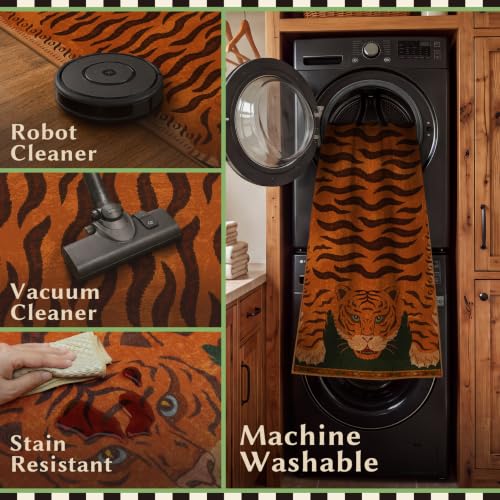 Vintage Tiger Runner Rug 2x6 - Washable Animal Print Entryway Carpet with Burnt Orange & Green Variation