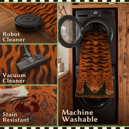 Vintage Tiger Runner Rug 2x6 - Washable Animal Print Entryway Carpet with Burnt Orange & Green Variation