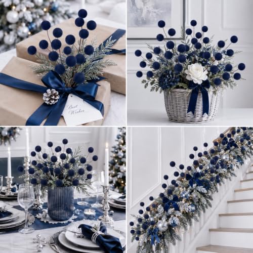 Foggy Blue Velvet Christmas Tree Picks Set - 8 Decorative Ornaments
