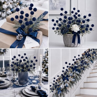 Foggy Blue Velvet Christmas Tree Picks Set - 8 Decorative Ornaments