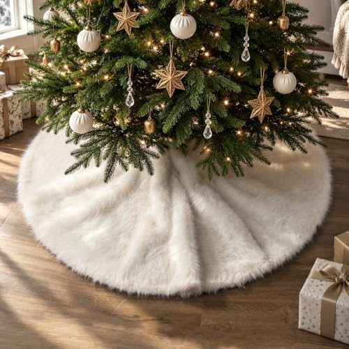 60 Inch White Faux Fur Christmas Tree Skirt - Extra Large Snow White Holiday Decor