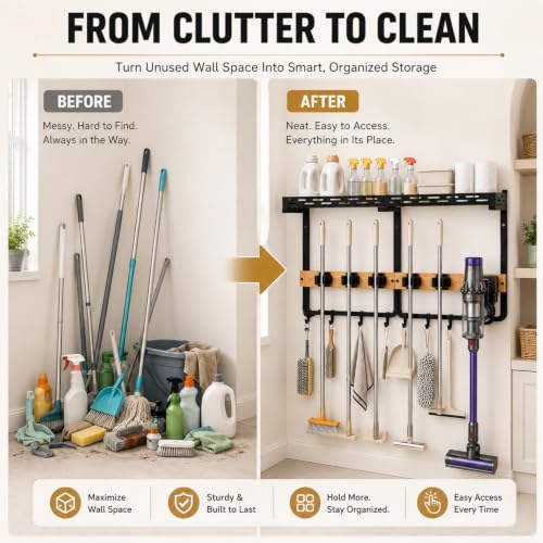 Wall Mount Broom and Mop Organizer with Shelf and Hooks for Laundry and Garage