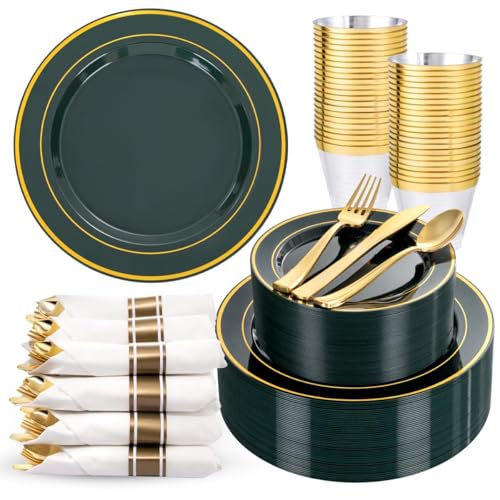 Green Plastic Party Plates Set for 50 Guests - Gold & Rolled Napkins, Disposable Dinnerware