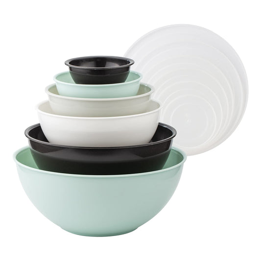 COOK WITH COLOR Mixing Bowls with Lids - 12 Piece Plastic Nesting Bowls Set includes 6 Prep Bowls and 6 Lids, Microwave Safe Mixing Bowl Set (Mint/Black and White)