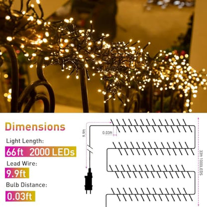 Outdoor Waterproof Christmas Tree Lights 2000 LEDs 66FT Warm White - Twinkle & Firecracker Effect, 8 Modes