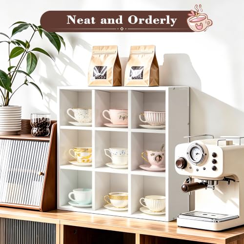 White 9-Grid Coffee Mug Wall Display Rack, Floating Organizer Shelf