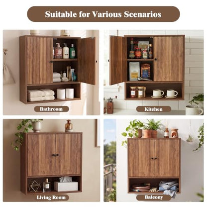 Wall Cabinet with Fluted Double Doors - 3-Tier Wall Storage for Bathroom & Kitchen - Variation of Wall Cabinet