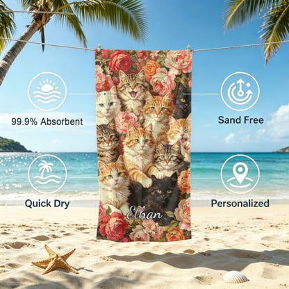 Personalized Beach Towel Cats 30x60 Custom Name Gift with US Variation