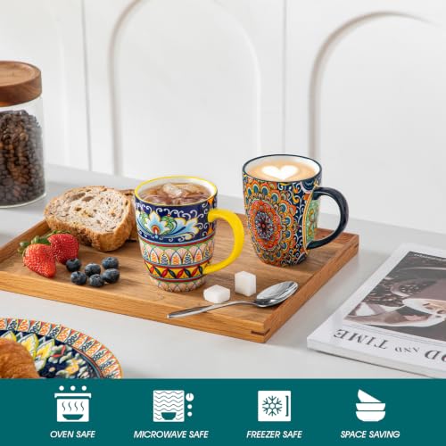 12 oz Coffee Mugs Set of 6 - Ceramic Boho Style Drinkware with Handle