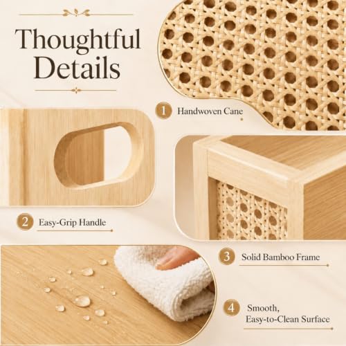 Wicker Bathroom Accessories Set with Trash Can, Tissue Box & Tray - Rustic Rattan Decor