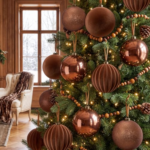 Large Brown Christmas Ball Ornaments Set - 8 Pcs 6 Inch Extra Large Holiday Decor