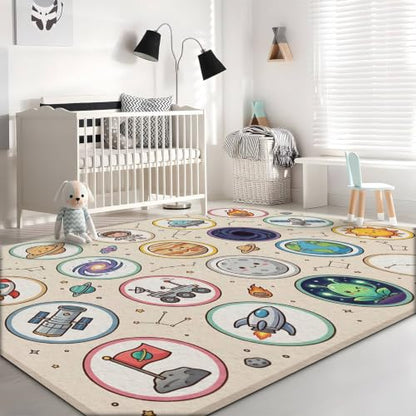 Retro Space Area Rug 3x4ft - Solar System Kids Room Carpet - Variation 5