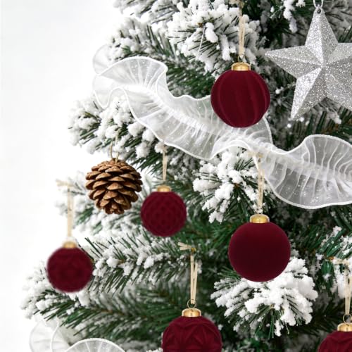 30Pcs Burgundy Velvet Christmas Ball Ornaments for Xmas Tree Decorations - Red Variation