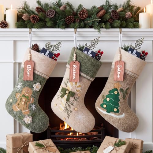 3 Pack Rustic Personalized Christmas Stockings with Name Tags - Classic Design