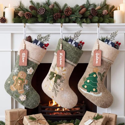 3 Pack Rustic Personalized Christmas Stockings with Name Tags - Classic Design