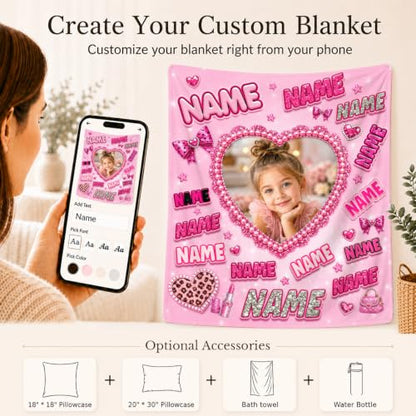 Personalized Pink Girl Photo Blanket - Custom Kids Throw with Text & Image