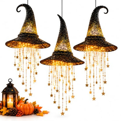 Halloween Witch Hat Lantern Black with Star Tassels - Warm LED Lighted Decoration