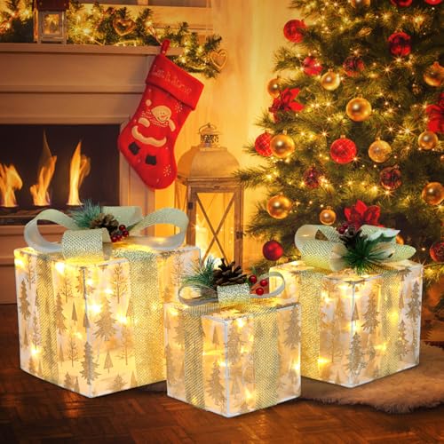 Nesting Christmas Lighted Gift Boxes Set of 3 with Metal Frame - Xmas Tree on Gauze Variation