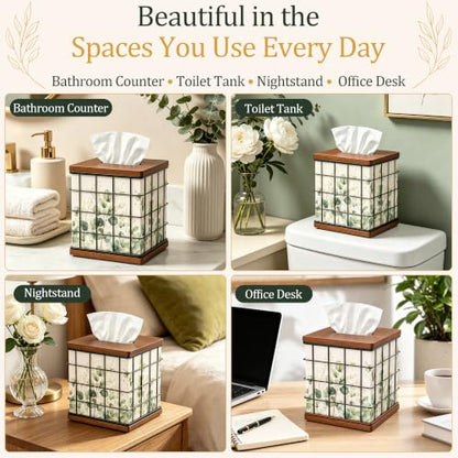 Square Oak Wood & Metal Tissue Box Cover with 4 Seasonal Panels - Brown & Black, 6x6x7 Inches