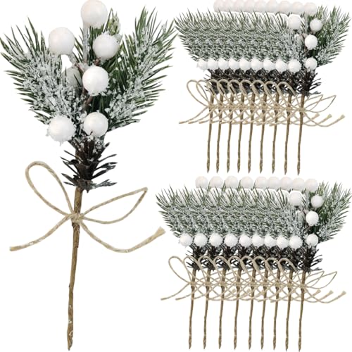 Artificial Christmas Pine Picks with Berries, Cones & Snow - 20pcs 8 Inch Decor
