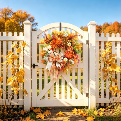 Fall Front Door Wreath 24In with Plaid Bow & Autumn Dahlias - Rustic Decor