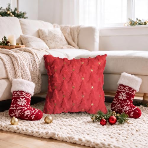 Christmas Tree Star Pillow Cover Set of 4 - Red Green Faux Fur 18x18 Inches