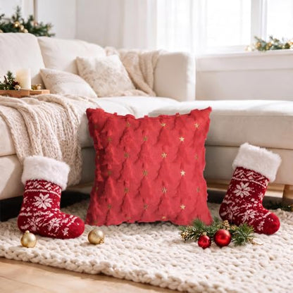Christmas Tree Star Pillow Cover Set of 4 - Red Green Faux Fur 18x18 Inches
