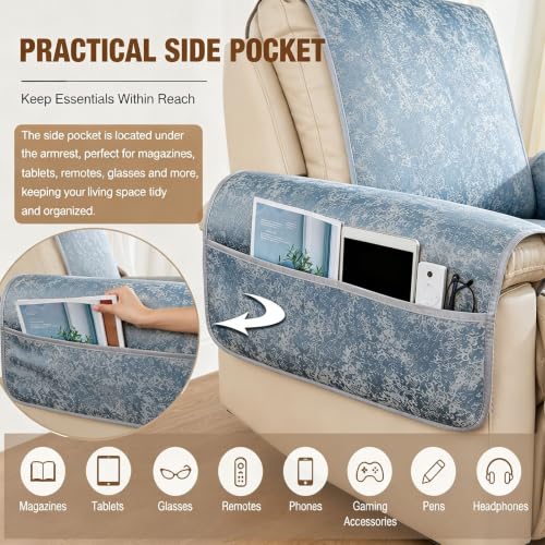 Summer Microfiber Recliner Cover Non-Slip 1 Seater with Storage Blue